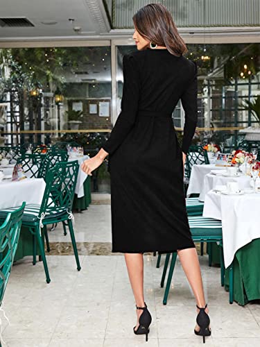 Image of rosery paris Dress for Women Belted Wrap Dress with Puff Sleeves Surplice Neck High Waist & Flared Hem Midi Dress for Women | Dresses for Women Long Dresses for Women