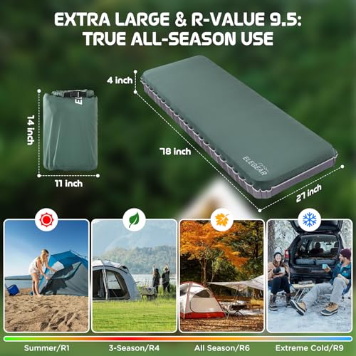 Elegear Air & Foam Camping Mattress, CumbreX™ 4\" Ultra-Thick Memory Foam Self-Inflating Sleeping Pad with Air Pump, Compact R-Value 9.5 4-Season Camp Mat for Travel Outdoor - Single Army Green