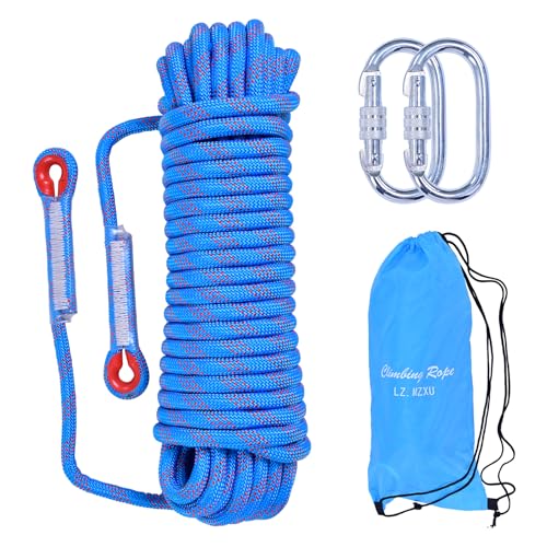 LZ.MZXU Kletterseil 10M 10mm Seil Kletterseil Outdoor Sicherheitsseil Rettungsseil Fallschirm-Seil Nylon Seil mit 2 karabiner für Camping Bergsteigen Outdoor Abenteuer Feuerleiter (Blau)