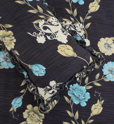 Image of Fitted Bedsheet Queen Size 300 TC Soft Cotton Feel Microfiber All Around Elastic Fitted Double Bedsheet with 2 Frill Pillow Covers | Size (60x78) Black Aqua