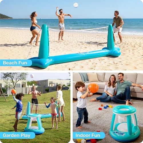 Image of JOYIN XL Inflatable Pool Float Set, 125'' Volleyball Net & Basketball Hoops, Extra Large Floating Swimming Game Toy for Kids and Adults, Summer Floaties, Volleyball Court|Basketball, XL-Blue, Cyan