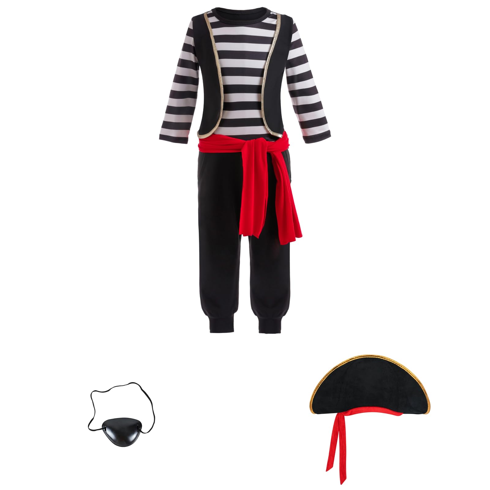 Costume da pirata per ragazzi, completo con camicia a righe e tuta, include copertura per gli occhi, per Halloween, feste di ruolo