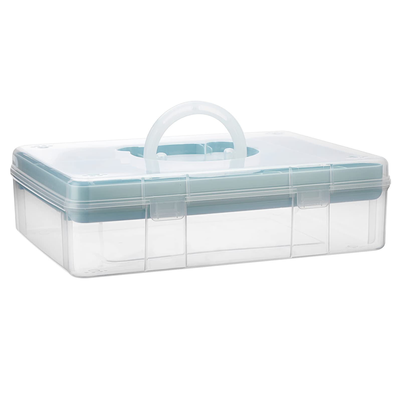 JuxYes Plastic Storage Box with Removable Tray, Handled Sewing Carry Box, Portable Tool Box Organizer & Storage Case for Art Craft, Cosmetic, Stationary, Clear Blue
