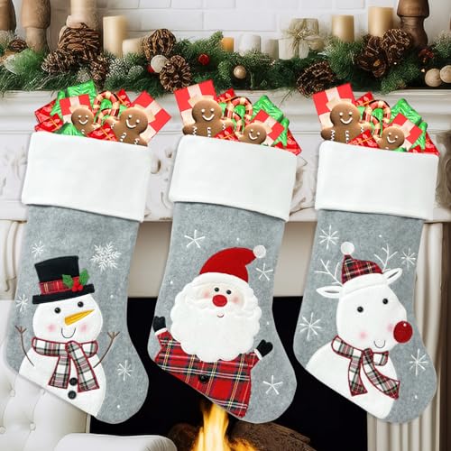 45CM Nikolausstrumpf Extra Groß Shyllin Weihnachtsstrumpf Personalisiert Grau Weis 3er Set Weihnachtssocken Kamin für Weihnachtsbaum Geschenksocken Weihnachtsdekoration Wand Treppe