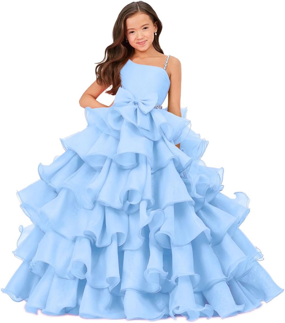 Pageant Dresses for Girls One Shoulder Dress Organza Ruffles Poof Party Dress for Girls Ball Gown
