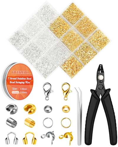 1950 Pcs Jewelry Making Cord End Kit Crimp Tube Beads with Organizer Box Includes Crimp Beads Cover Lobster Clasp Jump Ring Wire Guardians Crimping Pliers & Beading Wire for Bracelets Necklace
