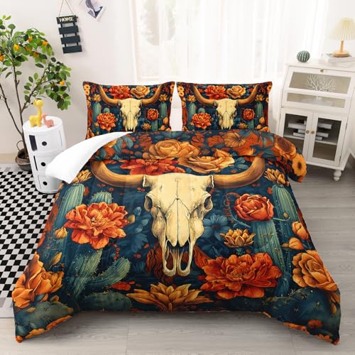 Image of AILONEN Bull Skull Comforter Set Queen Size,Southwestern Floral Cactus Digital Bedding Sets,1 Quilt and 2 Pillowcases,3 Pieces