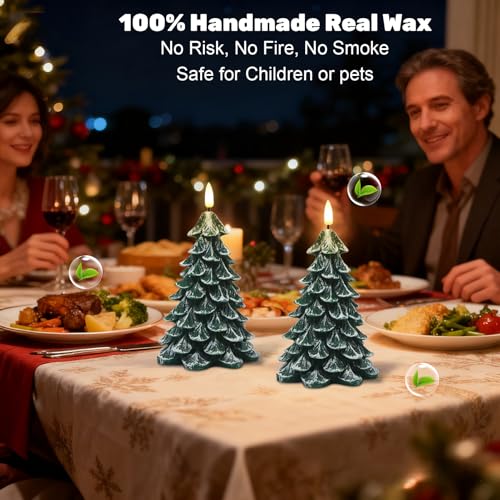 Image of Wondise Christmas Tree Flameless Candles with 6H Timer, 2 Pcs Real Wax Battery Operated LED Candles Flickering, 3D Wick Green Electric Candles for Christmas Holiday Decorations