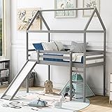 Merax Twin Wooden Montessori Low Loft Bed with Slide Stairs, Full Guardrail House Loft Bunk Bed for Boys,Girls, No Box Spring Need Grey