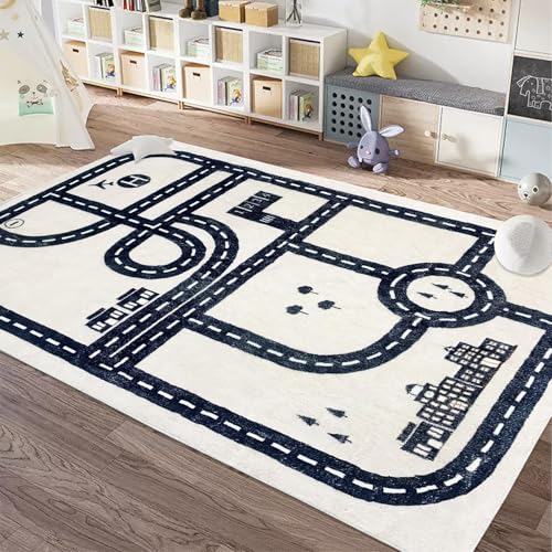 USTIDE Kids Rug City Roads Map Tracks Play Mat for Playing with Cars Soft Non-Slip Traffic Rug for Bedroom Playroom Classroom Nursery Educational Rug, 5x7ft