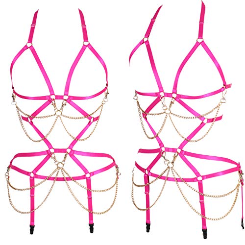Women Body Harness Set Carnival Garter Belt Set Elastic Hollow Top Bra Punk Gothic Dance Costume (Rose Red) #TOP3