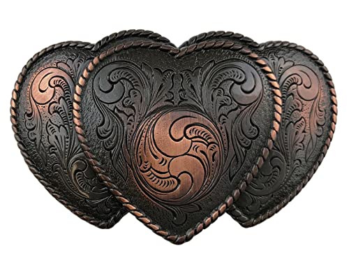 Belts.com HA0086 Western Antique Copper Triple Hearts Floral Engraved Buckle Fits 1-1/2
