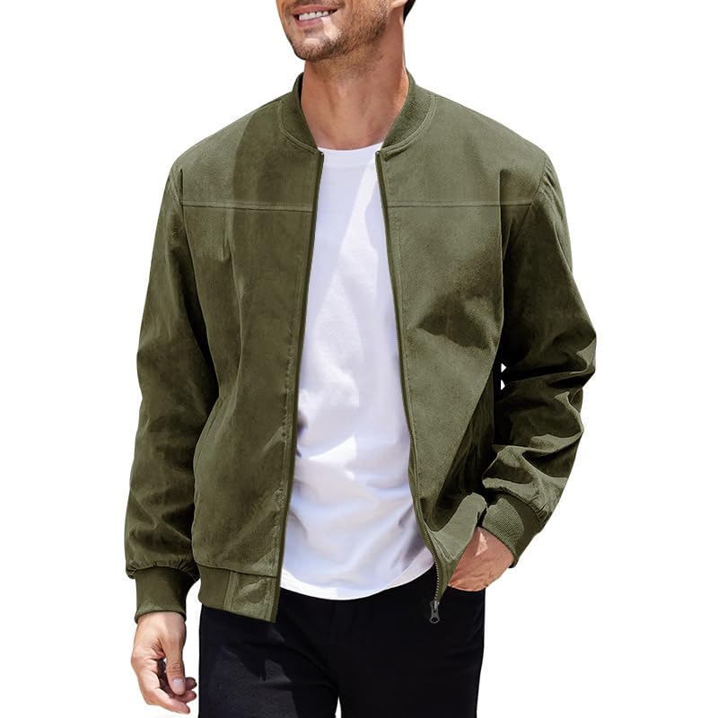 Men's Casual Varsity Jacket Vintage Lightweight Suede Bomber Jackets Zip-Up Jacket Solid Color Stand-Up Collar Coat