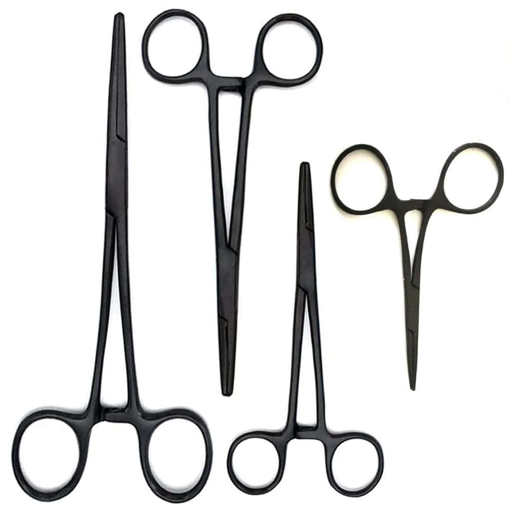 MuskalMed Durable 4-Piece Full Black Coated Straight Hemostat Set - High Quality Stainless Steel, Autoclavable, Precision Tips, Serrated Jaws, Three Locking Positions (3.5”, 5”, 6.25”, 8