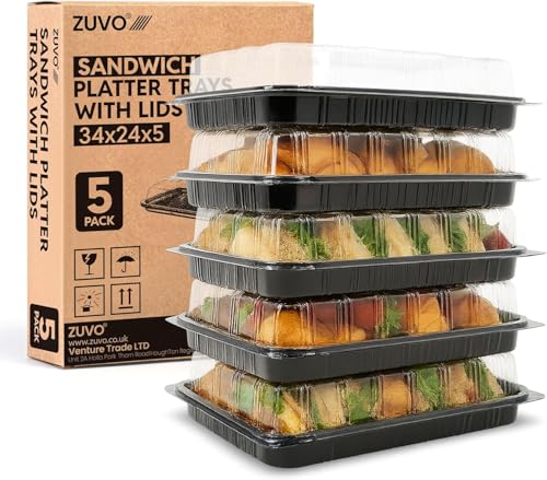 Zuvo Reusable Party Food And Sandwich Platter Trays with Lids (Pack of 5) Sandwich and Buffet Serving Platters for Catering Events and Parties Freezer Safe Plastic Trays with Lids (34x24x5cm)