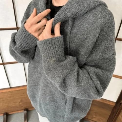 Men's Classic Gray Hooded Knit Sweater Loose Fit Fall Winter Pullover Pullover with Buttons4