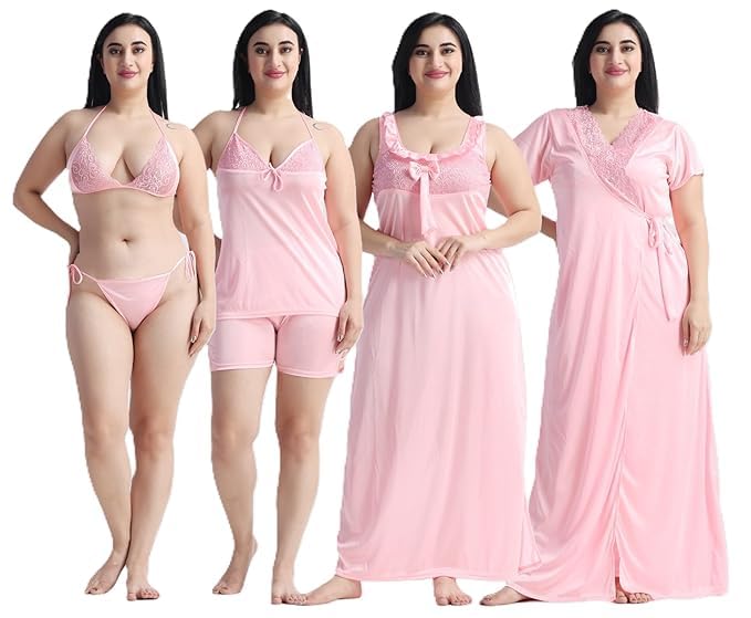 Image of Satin 6 Piece Nightwear Set, Coral Pink Lace Trim Sleepwear with Robe, Nighty, Top, Shorts, Lingerie Set for Women, Summer Collection-Mehndi Green.