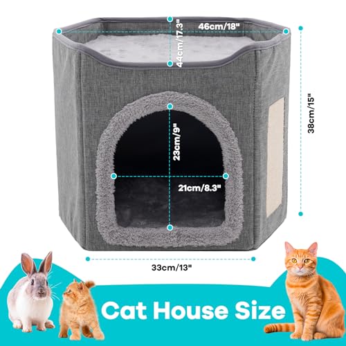 Large Cat Bed for Indoor Cat Cave for Pet Cat House with Scratch Pad, Foldable Cat Hideaway,18x17.3x15 inches.Grey - Image 3