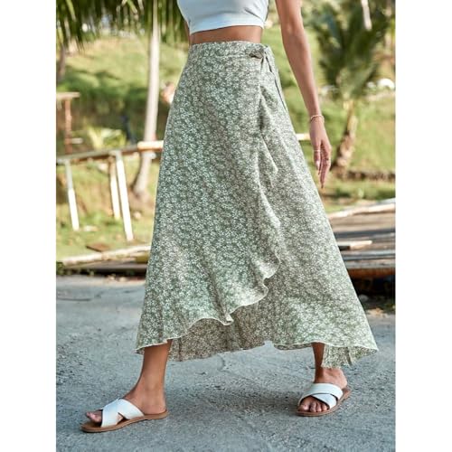 Boho Floral Maxi Skirt for Women, High Waisted Wrap Ruffle Hem Long Skirt Summer Beach Vacation Outfits2