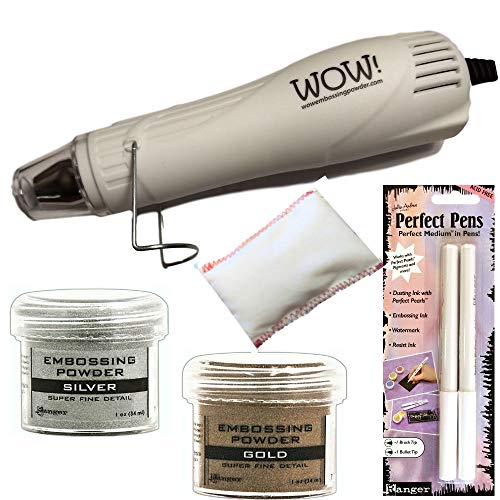 Bigdream Embossing Powder Bundle- 1-Dual Speed Heat Gun, 2 Ranger Super Fine Embossing Powder, 1 Bye Bye Static Pad and 2 Embossing Pens (6 Items) (White Perfect)