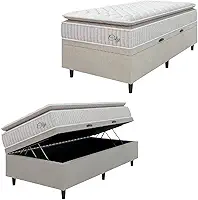 Cama Box Baú Colchão Solteiro Molas Ensacadas City Pillow Top 88x188x64cm Branco/Bege Hellen - Suporta até 110kg por Pessoa