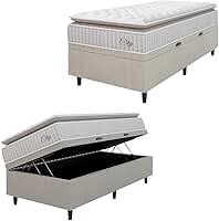 Cama Box Baú Colchão Solteiro Molas Ensacadas City Pillow Top 88x188x64cm Branco/Bege Hellen - Suporta até 110kg por Pessoa