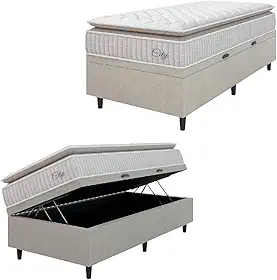 Cama Box Baú Colchão Solteiro Molas Ensacadas City Pillow Top 88x188x64cm Branco/Bege Hellen - Suporta até 110kg por Pessoa