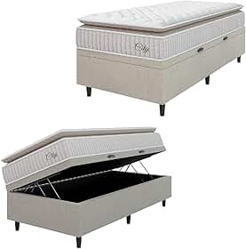 Cama Box Baú Colchão Solteiro Molas Ensacadas City Pillow Top 88x188x64cm Branco/Bege Hellen - Suporta até 110kg por Pessoa