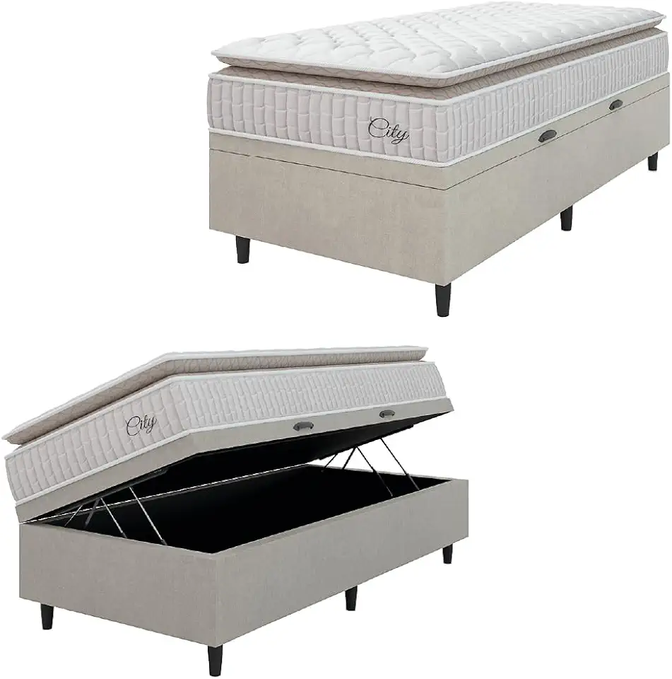Cama Box Baú Colchão Solteiro Molas Ensacadas City Pillow Top 88x188x64cm Branco/Bege Hellen - Suporta até 110kg por Pessoa