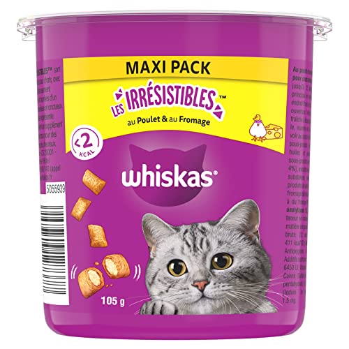 WHISKAS LES IRRESISTIBLES Friandises pour Chat Poulet & Fromage - 10 Boîtes de 105g Refermables...