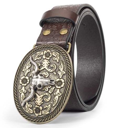 UTOWO Western PU-Leather Cowboy Cowgirl Buckle Belt for Men Women Jeans - Engraved Floral Longhorn Bull Texas Buckle Belt