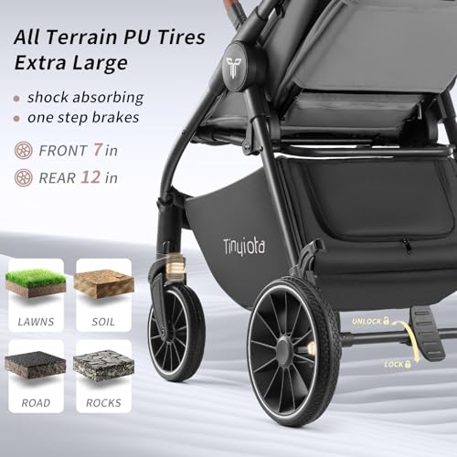 Image of Tinyiota Stroller for Babies,Toddler Strollers with Large UPF 50+ Canopy,Luxury Baby Stroller with Leather Handle & Spacious Seat, One-Hand Foldable Pushchair,Baby Carriage with Lie-Flat Mode(Gray)