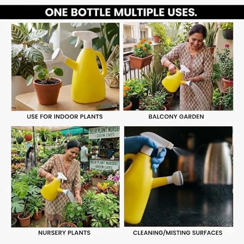 Image of Go Hooked 2in1 Plant Watering Can with Spray Bottle & Shower Head 1 Litre | Multi-Purpose Garden Water Sprayer for Indoor Plants, Balcony Garden & Nursery | Plastic Watering Pot with Handle (Yellow)