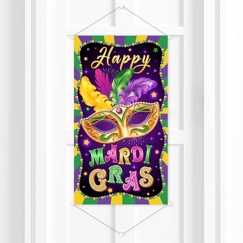COCHIE Mardi Gras Decorations Hanging Banner, 12x21 Inch New Orleans Party Door Porch Banner Sign Decoration for Home Yard Lawn Front Door Decor Indoor Outdoor (Mardi-Gras)