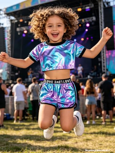 Image of Betusline Girls Summer 2 Piece Outfits,Kids Short Sleeve Crop Top & Shorts Set with Side Pockets