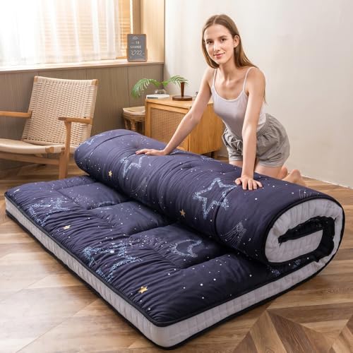 MAXYOYO Black Moon and Star Futon Mattress, Japanese Floor Mattress Quilted Mattress Topper, Extra Thick Folding Sleeping Pad Breathable Floor Lounger Guest Couch for Camping, Full