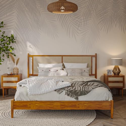 Image of Bme Oliver King Bed Frame and Headboard - 15-Inch Signature Design with Rattan Headboard, Bohemian and Mid Century Style, 12-Slat Wood Support, No Box Spring Needed - Easy Assembly, Caramel