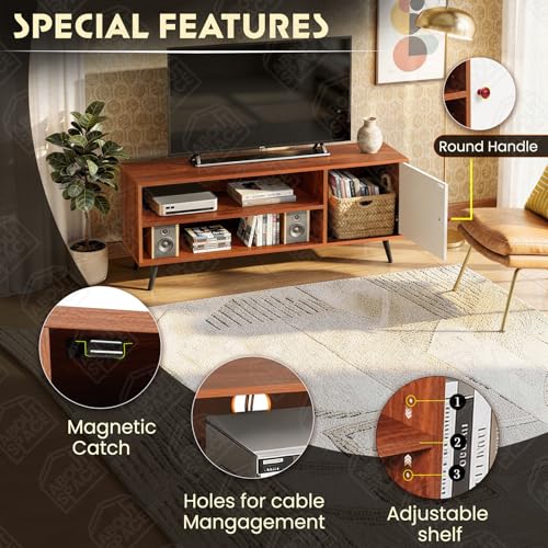 Image of ABOUT SPACE TV Unit - Engineered Wooden TV Stand Table with Cable Hole, Cabinet with Door, Adjustable Shelf for WiFi Router Stand for Living Room, Bedroom (White & Oak Red - L 120 x B 40.5 x H 55 cm)