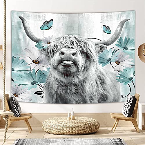 Lustiger Kuh-Wandteppich, Western-Longhorn-Hochland-Rinder-Bauernhof, Tier-Wandteppich für Schlafzimmer, ästhetisch, Bauernhaus, blaugrüne Blumen, Wandkunst für Wohnzimmer, 152 x 101 cm Cover