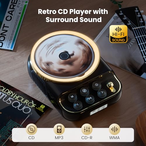 Image of 4 in 1 Retro Portable CD Players with Bluetooth Speakers, FM Radio, Night Light, LCD Display, 4000 mAh Battery, Vintage Radio Built in Dual Speakers Supports USB /AUX /Type-C for Home (Black)