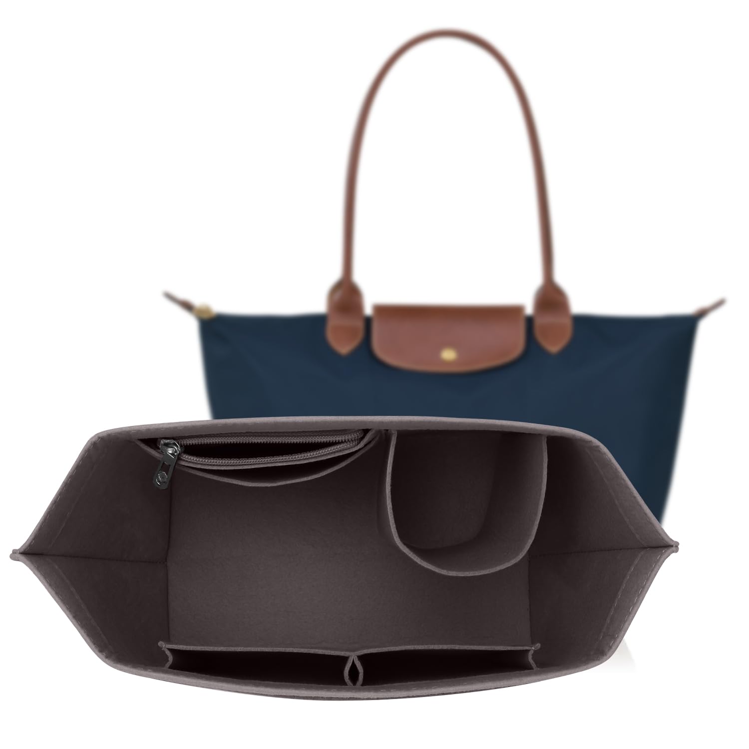 Bag Organiser for Longchamp Le Pliage, Felt Handbag Organiser with Multifunctional Pockets, Large Capacity, Dark Grey, M-image-24