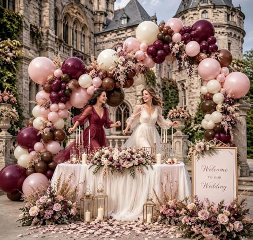 Image of Pink Brown Balloon Arch Double Stuffed Plum Dusty Pink White Balloon Kit