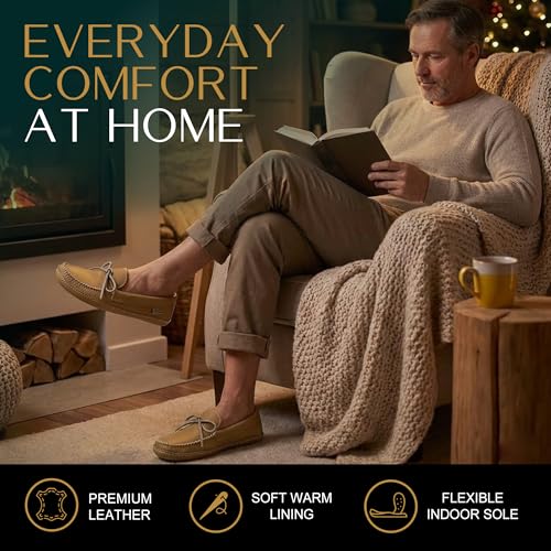 Image of Moccasin Slippers for Men, Leather House Moccasins, Made in Canada, Indoor