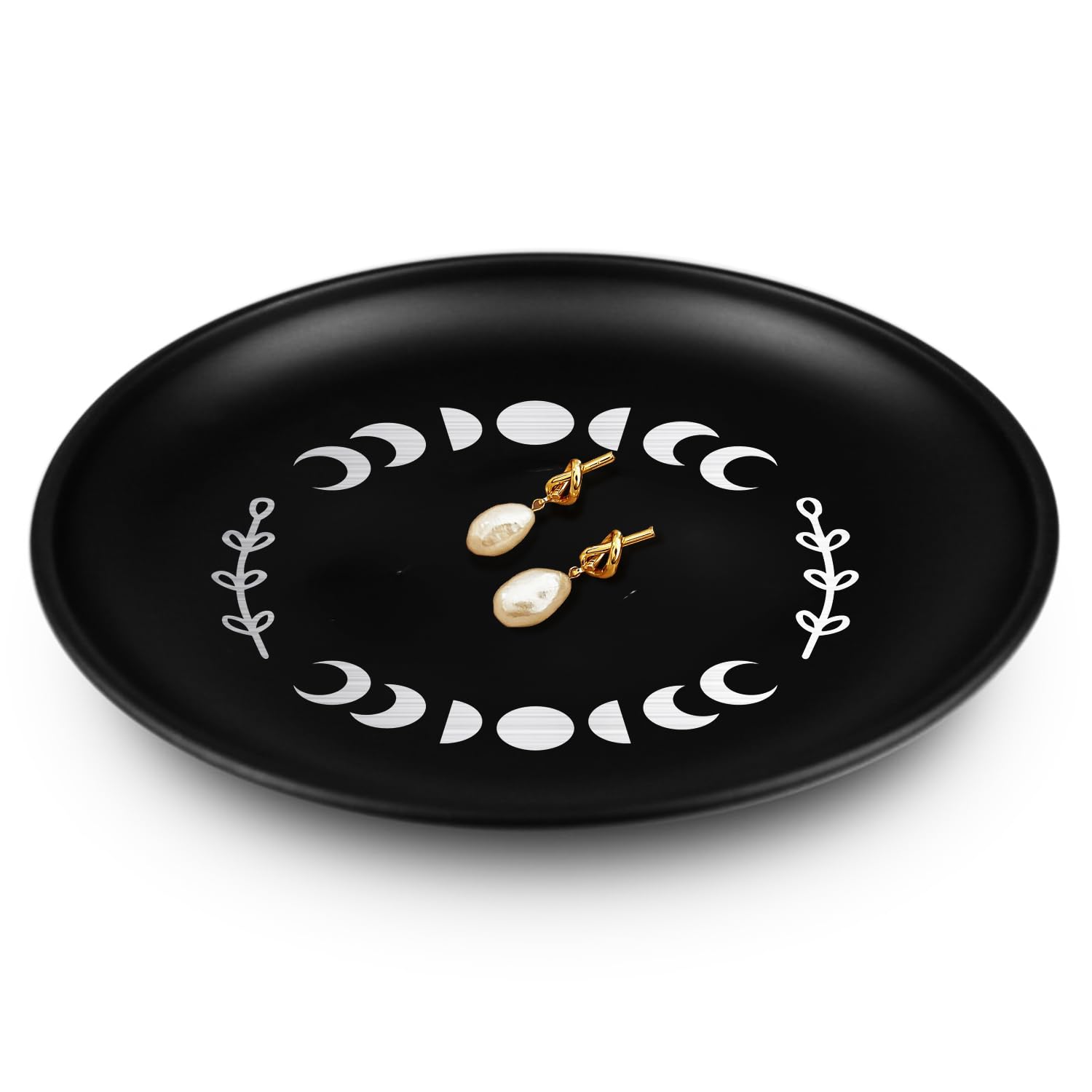 5.5inch Small Ring Jewelry Dish, Metal Trinket Ring Tray, Moon Phase Printed Holder Dish, Black Decorative Tray Plate for Candle Altar Ritual, Round Offering Prayer Bowl