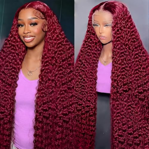 Image of Burgundy Wig Human Hair 99J 13x6 Deep Wave Lace Front Wigs 34 Inch