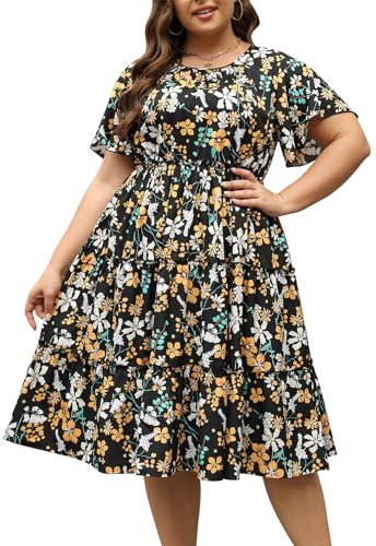 Nemidor Womens Casual Plus Size Short Sleeve Layered Swing Summer Midi Dress with Pocket NEM527