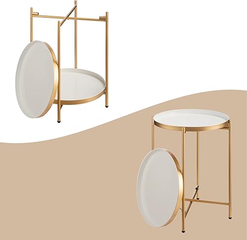 Miniatura 9 de HollyHOME Mesa auxiliar redonda dorada de 2 niveles, soporte plegable pequeño para exteriores con bandeja extraíble, mesa asional de metal