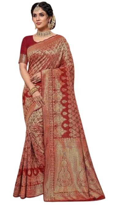 IMTRA FASHION Sari Para Mujer Sari De Seda Banarasi Indio Tejido Con Pieza De Blusa Sin Coser   Rojo