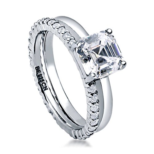 BERRICLE Valentines Day Gift Rhodium Plated Sterling Silver Asscher Cut Cubic Zirconia CZ Solitaire Engagement Wedding Ring Set 2.6 CTW Size 6