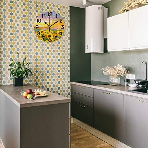 Naanle Beautiful Sunflower Field Oil Painting Print Round Wall Clock Decorative, 9.5 Inch Battery Operated Quartz Analog Quiet Desk Clock For Home,Office,School #TOP4